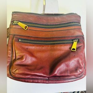 Vintage FOSSIL Leather Men's Bag with Brass Zippers